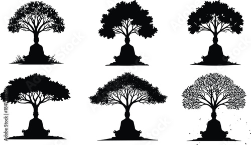 “Meditation under tree silhouette collection showing peaceful mindfulness figures, nature calmness, spiritual yoga pose art on white background”