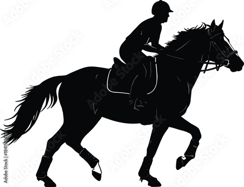 “Horse rider silhouette in action showing equestrian sport movement, galloping horse illustration, competitive riding artwork on clean white background”