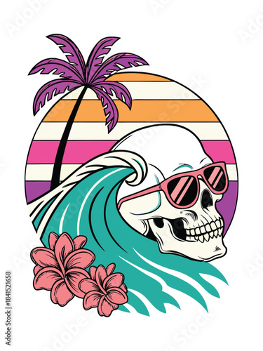 Stylized Pirate Skull Vector Illustration | Turquoise and White Gothic Art