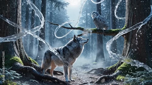 Midnight forest scene a howling wolf and perched owl amid frost, moonlight, and ice-laced branches