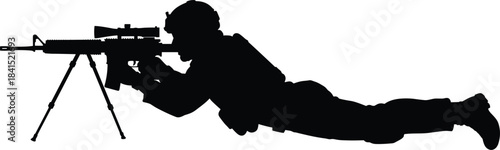 Silhouette of tactical soldier lying prone aiming rifle with scope on bipod, military sniper position illustration for security defense and combat themes