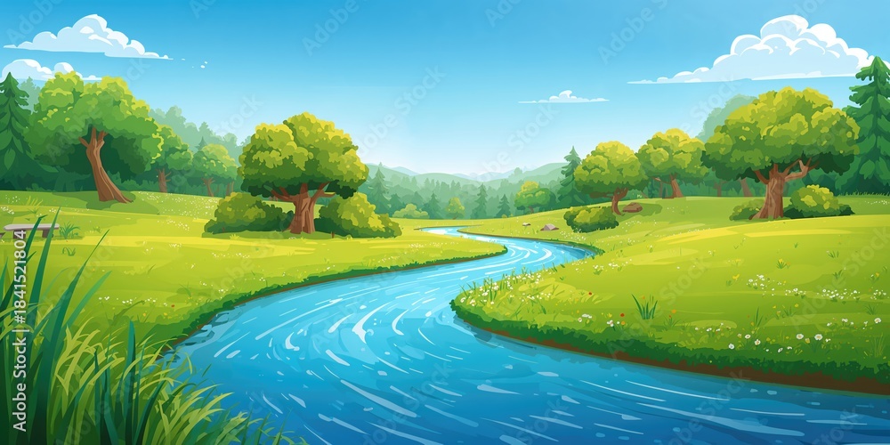 Naklejka premium Forest landscape during daytime with a flowing river through the meadow, seasonal change awareness