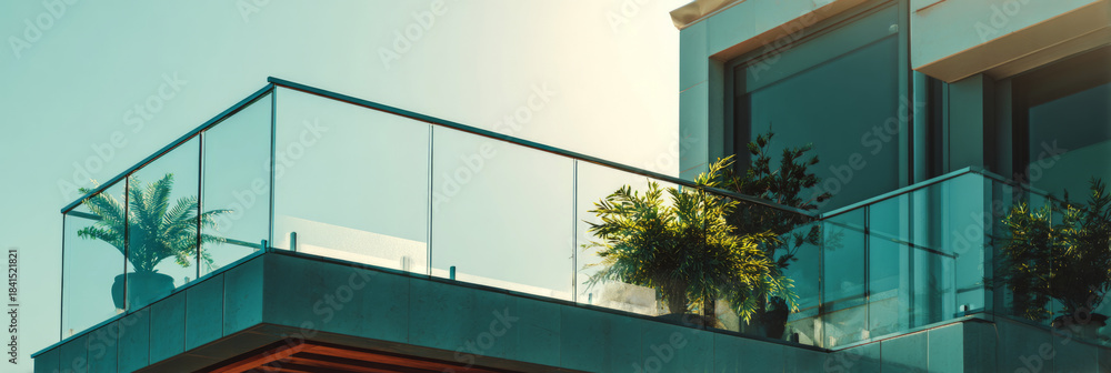 Obraz premium This modern house features a transparent glass terrace railing that provides a clear view. The open space allows natural light to fill the area and enhance the simple design, banner