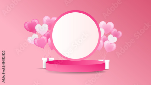 A festive 3D pink podium with a white circle backdrop, framed by clusters of pink and white heart-shaped balloons and gift boxes, perfect for Valentine's Day or celebratory product displays.