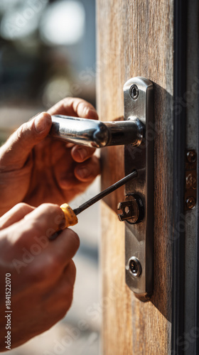 Close-up view shows hands working on a new lock for a wooden door. The person uses a screwdriver and focuses on the installation process in a residential setting