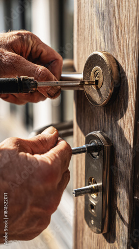 Close-up view shows hands working on a new lock for a wooden door. The person uses a screwdriver and focuses on the installation process in a residential setting