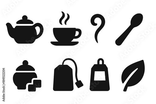 Tea Icons Collection. Tea drinking icons. Filled icon set of Tea drinking icons: teapot, cup, saucer, steam