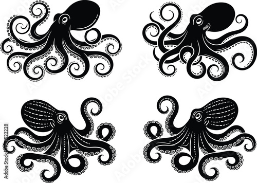 Set of decorative octopus illustrations with swirling tentacles, marine sea creature artwork for ocean design, aquatic themes, underwater wildlife graphics