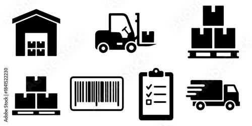 Collection of Logistic and Delivery Icons with Warehouse, Forklift, Pallets, Barcode, Checklist, and Truck