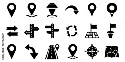 Navigation and location map icons, representing various pointers, routes, and directional signs for digital interfaces and mapping applications