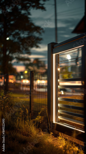 A high-tech gate featuring a fingerprint scanner and solar panels stands elegantly in a well-lit suburban area at night. The combination of metal and wood offers a sleek appearance