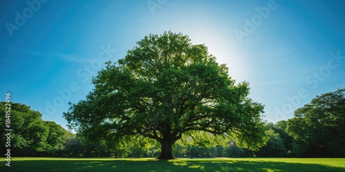 Fototapeta Naklejka Na Ścianę i Meble -  Large green trees against a summer sky, natural landscape providing a lush backdrop, Earth Day
