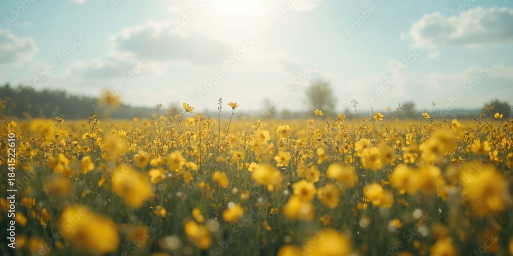 Naklejka premium A large expanse of yellow blossoms serving as a natural UI background for design projects, highlighting floral textures