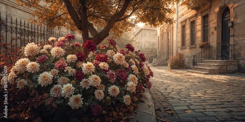 Fototapeta Naklejka Na Ścianę i Meble -  Chrysanthemums in autumn colors lining a cobblestone street around a small tree, floral decoration for fall season