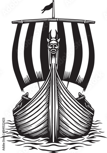 Viking Longboat: The imposing Viking longboat, a symbol of maritime strength and exploration, cuts through the water with its towering sail and intricate dragon-head prow.