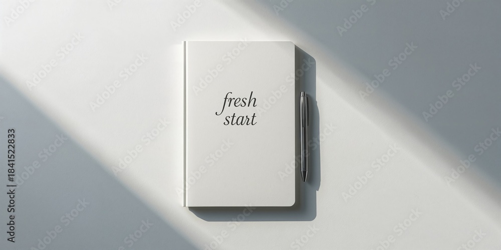 Naklejka premium A notebook displaying 'fresh start' on its cover, serving as a personal organization tool for goal setting, World Stationery Day