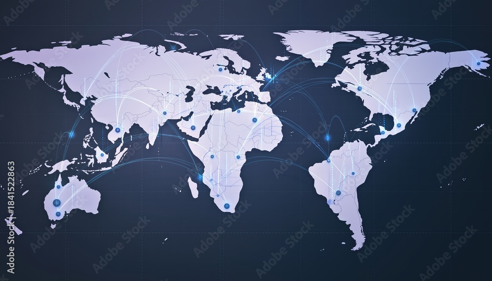 Fototapeta premium A stylized world map with connecting lines, illustrating global connections and interactions between different regions.
