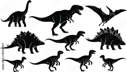 “Collection of dinosaur silhouettes in various poses, detailed prehistoric reptile vector set perfect for Jurassic themed designs, education and graphic projects”