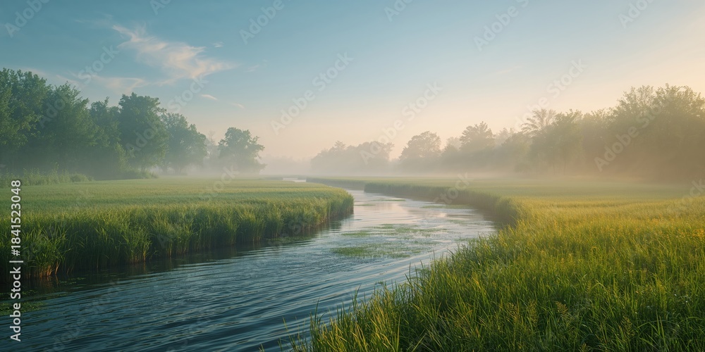 Naklejka premium River scene with gentle fog and reflective water, highlighting seasonal change in a natural setting