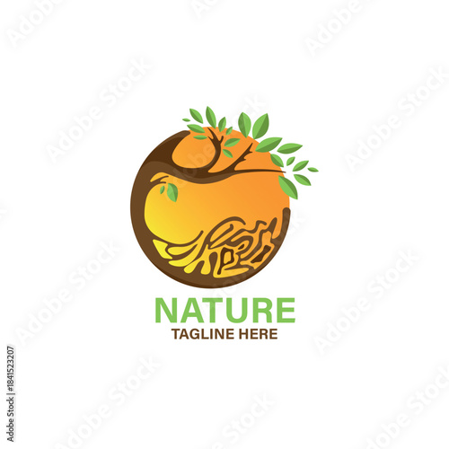 Vibrant eco-friendly emblem featuring a tree and roots forming conceptual text, symbolizing environmental harmony, organic growth, and sustainable natural vitality in a creative graphic design