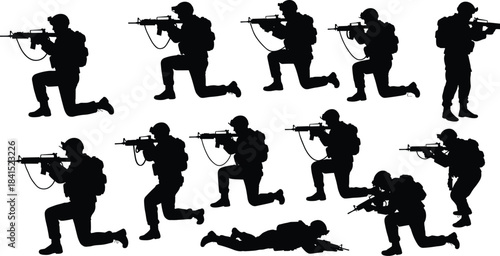 Military soldier silhouette set with tactical rifle action poses, combat training positions, army special forces illustration for security and defense projects