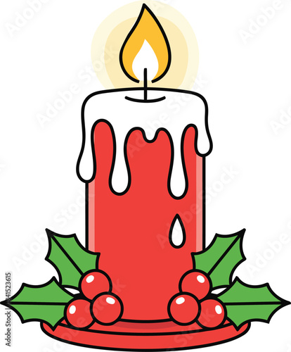 A festive red holiday candle glowing brightly with melting wax and decorative holly berries