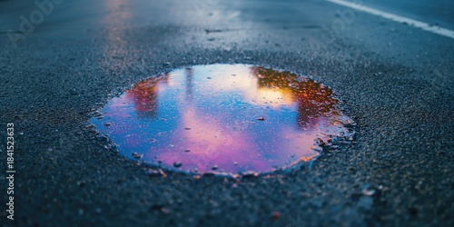 Bright petrol oil mixture spreading on damp asphalt, road surface pollution
