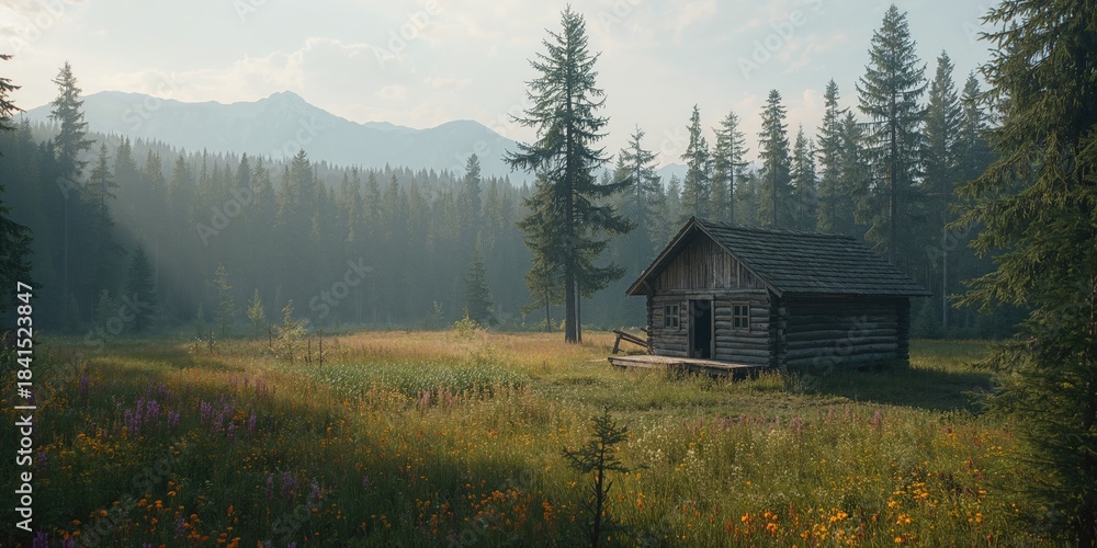 Naklejka premium Old cabin hidden in Siberian taiga, surrounded by flora and fauna, weathered wood as a sign of natural erosion, Earth Day