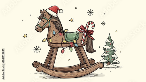 Brown rocking horse wearing santa hat with colorful lights and candy cane on snowy background with christmas tree