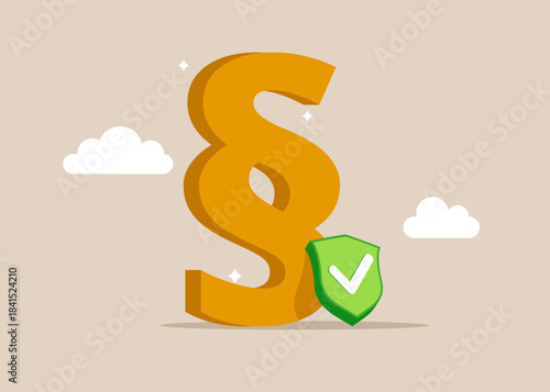 Symbols of paragraph with a green shield and check mark. Lawyer and advocate services, good reviews and beautiful reputation. Laws coming into effect. Vector flat illustration