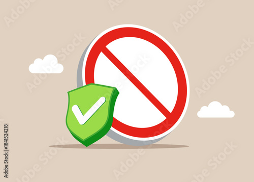 Approval symbol. Stop sign, forbidden, attention and green shield with check mark. Vector illustration