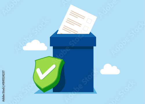 Election box and green shield with check mark. Permitted on voting in European Union. Paper ballots to election box. Democracy concept. Flat vector illustration