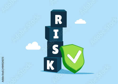 Cubic on stack with the word RISK and green shield with check mark. Flat vector illustration