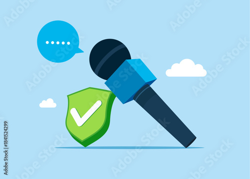 Good loudspeaker. Microphones and green shield with check mark. Good press conference. Press conference with journalist or reporter. Vector flat illustration