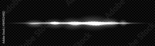 Neon light beams and white laser lines with bright glow and flare. Speed streaks effect for black background and this futuristic graphic design. Space blurry strip for frame or silver sky trail