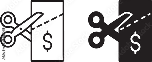 Icon representing a pair of scissors cutting a financial coupon or discount isolated on white background, Vector, illustration