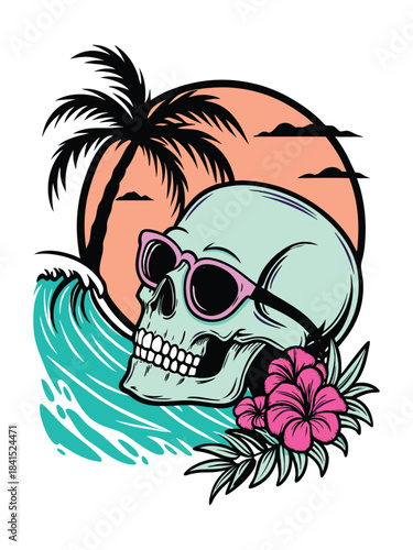 Stylized Neon Skull Vector Illustration | Blue and Green Gothic Art