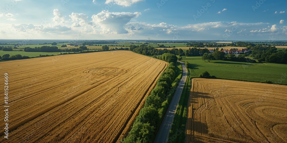 Naklejka premium Bird's-eye perspective of a countryside scene with wheat fields and a curved road in Estonia, emphasizing seasonal change