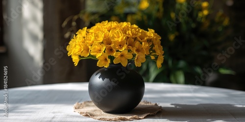 Bouquet of buttercups in a black vase placed indoors, floral arrangement for decorative purposes