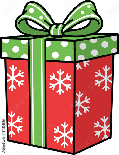 A beautifully wrapped festive Christmas gift box with a green bow and white snowflakes promises holiday joy