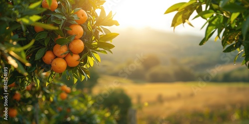 Fototapeta Naklejka Na Ścianę i Meble -  Orange Garden with ripe fruits ready for harvest, suitable as a background for text or layout design