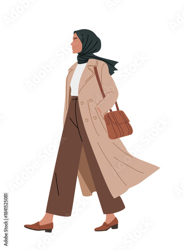 A flat minimalist illustration of a Muslim woman in a beige trench coat, hijab, and wide-leg pants walking in profile, styled in a clean modern fashion look