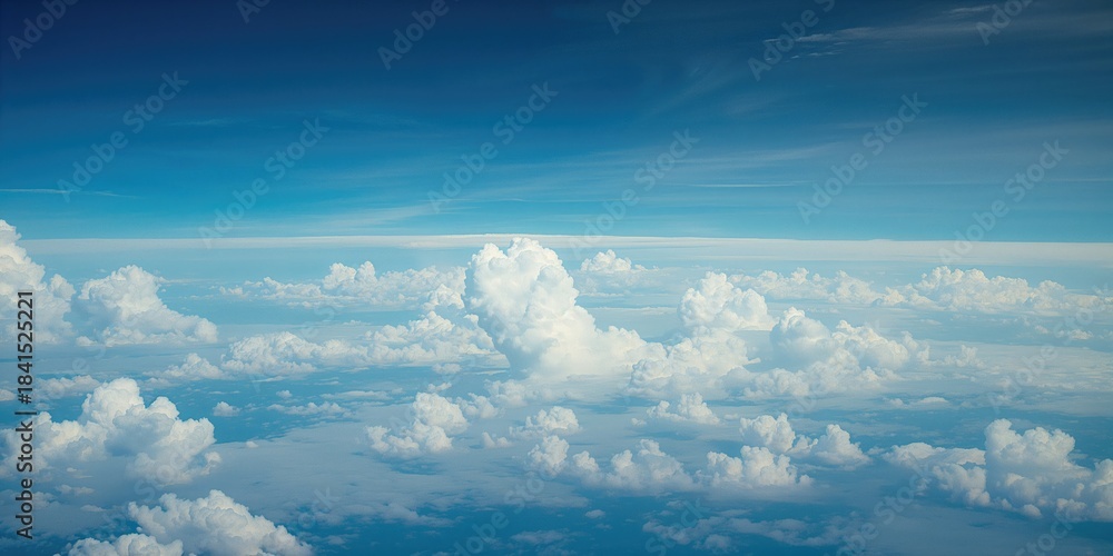 Fototapeta premium Bird's-eye perspective of a blue sky with clouds during flight, highlighting weather patterns