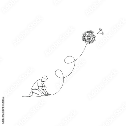 Dreamy Imagination of a Child with a Floating Dandelion Flower