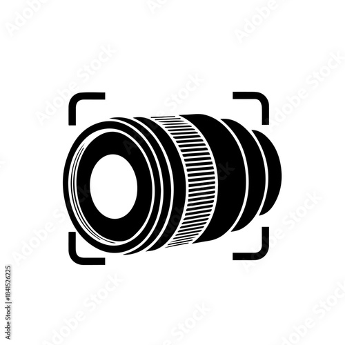 Lens Focus: A sleek monochrome illustration of a camera lens centered within a square focus frame, symbolizing precision and clarity in photography. 