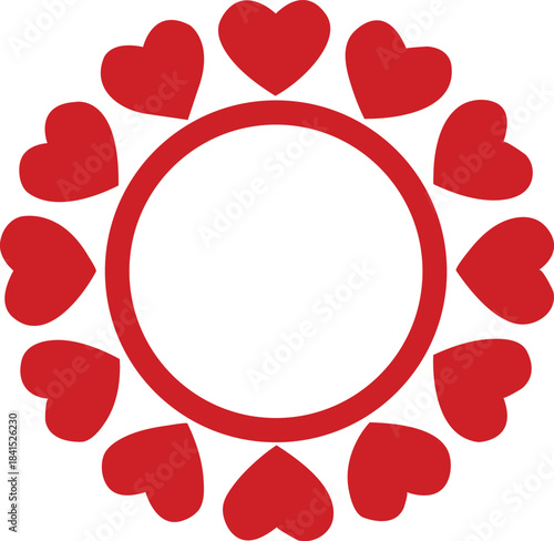 Circular arrangement of red hearts around a central circle silhouette