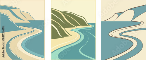 Abstract Coastline Wall Art Set with Curving Cliff Shapes, Soft Blue and Beige Minimal Nature Geometry, Smooth Vector Coastal Landscape Illustrations for Modern Home Decor