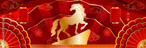 Festive Lunar New Year banner with a powerful golden horse. Traditional red and gold Chinese design, perfect for celebrations and cultural themes