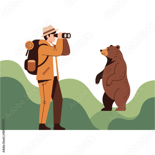 Explorer and Bear in Green Hills illustration vector