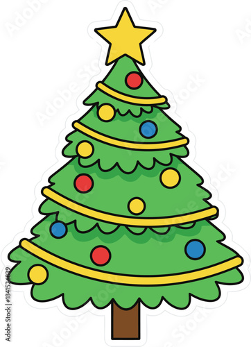 A cheerfully decorated green Christmas tree ready for the holidays with colorful ornaments and a shining star